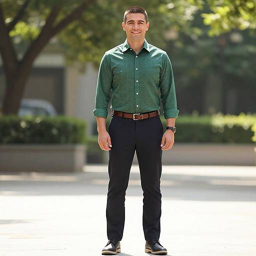Confident Man in Green Shirt Outdoors Urban Casual Style