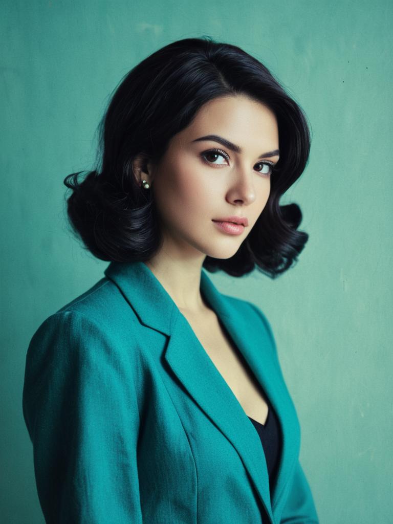 Portrait of Elegant Woman Wearing Teal Blazer with Wavy Hair