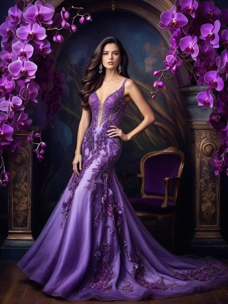 Elegant Woman in Purple Gown with Floral Embroidery
