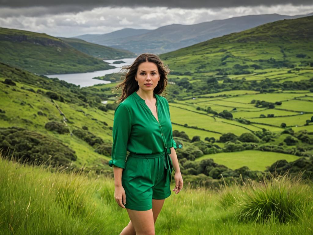 Woman in Green Outfit in Ring of Kerry, Ireland