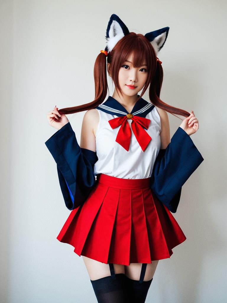 Akagi Azur Lane Cosplay Woman in Red Pleated Skirt with Fox Ears