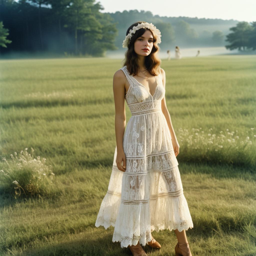 Ethereal Woman in Lace Dress in Misty Field