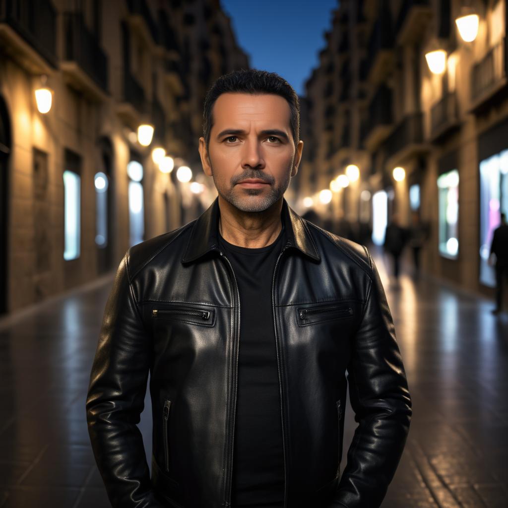 Confident Man in Leather Jacket in Noir Alley