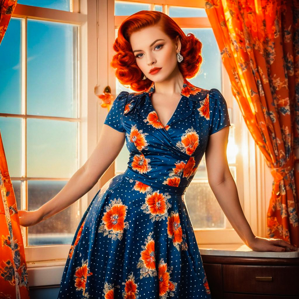 Vintage Woman by Sunlit Window in Retro Dress Vintage Woman by Sunlit Window in Retro Dress