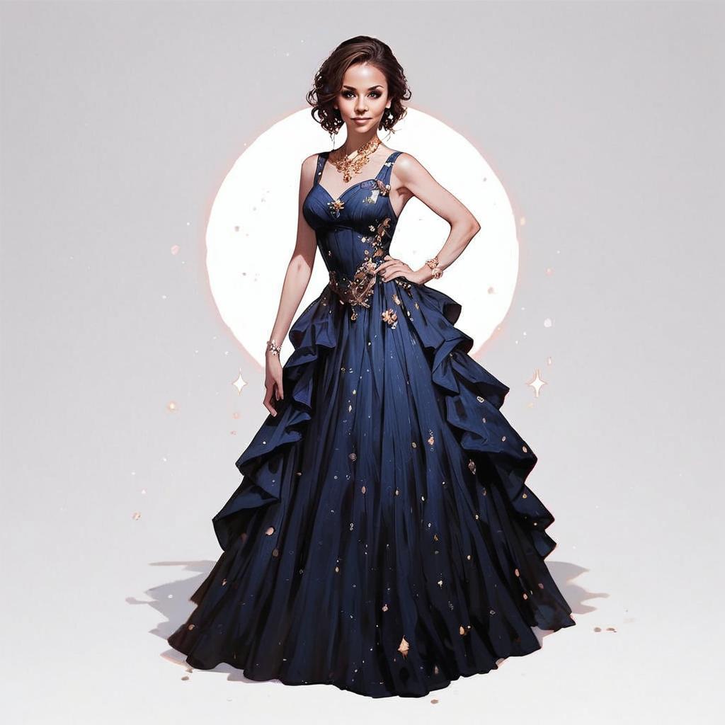 Stylish Woman in Elegant Dark Blue Ball Gown