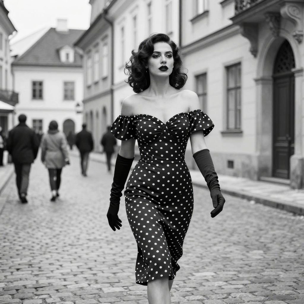 Vintage Style Woman in Polka Dot Dress Walking on Cobblestone Street