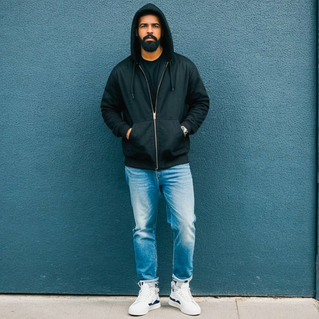 Bearded Man in Hoodie Against Blue Wall Bearded Man in Hoodie Against Blue Wall