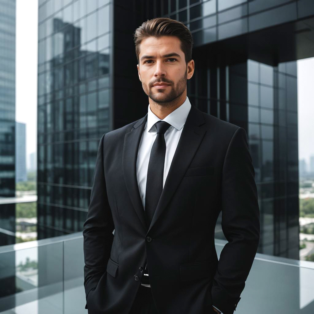 Dapper Man in Black Suit Overlooking Urban Skyline