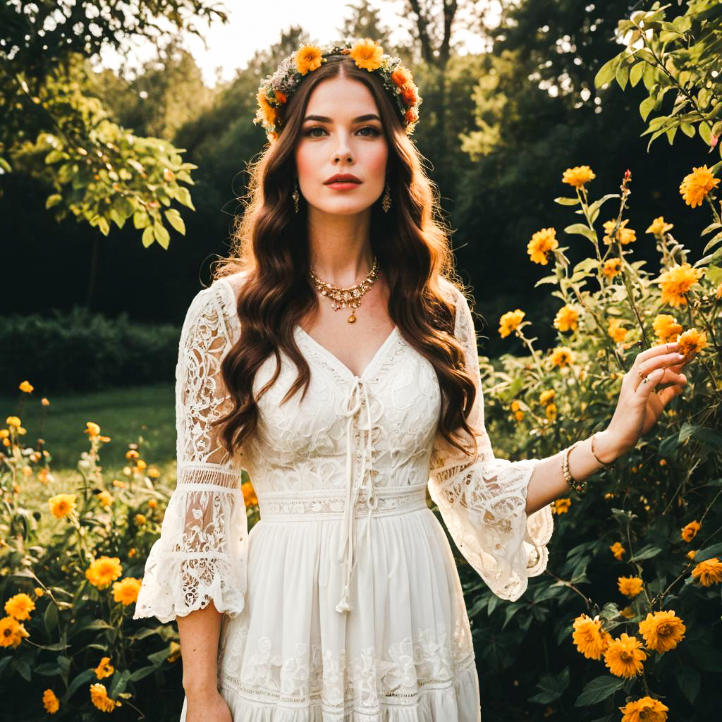 Woman in White Dress in Yellow Flower Field