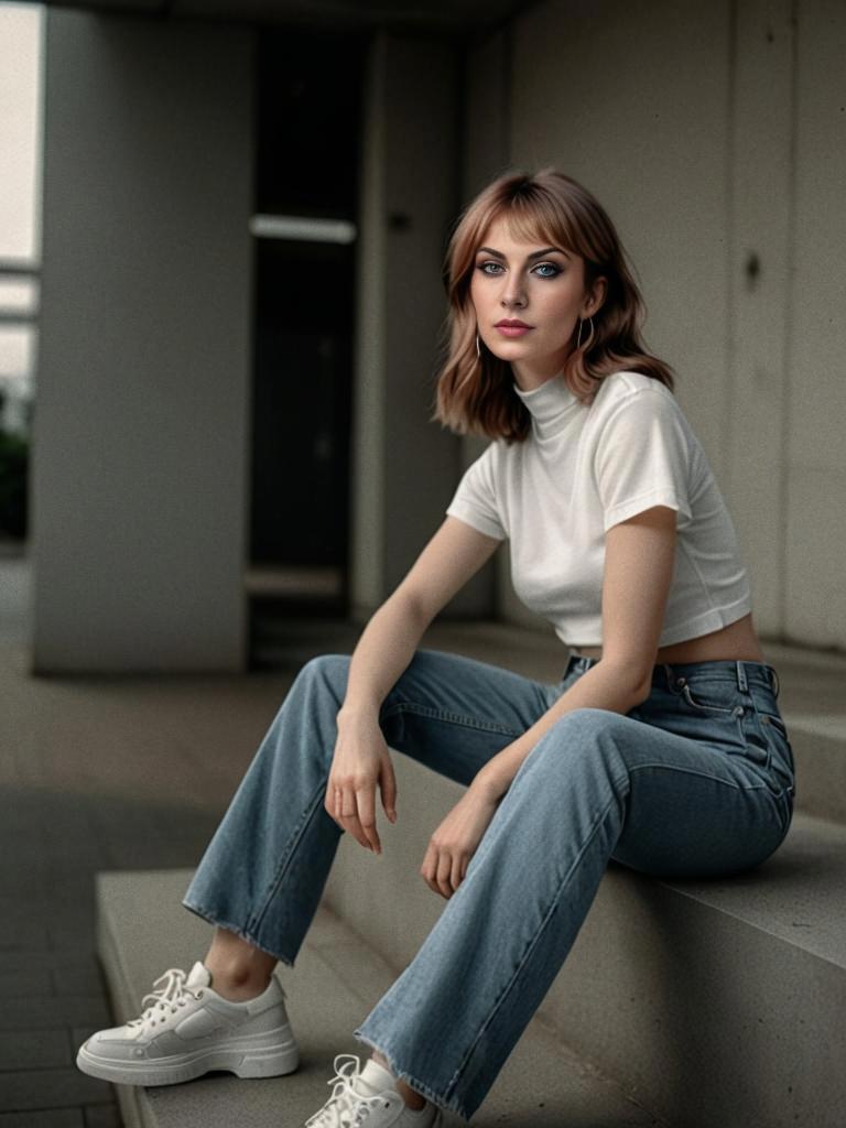 Stylish Young Woman in White Top and Denim Jeans