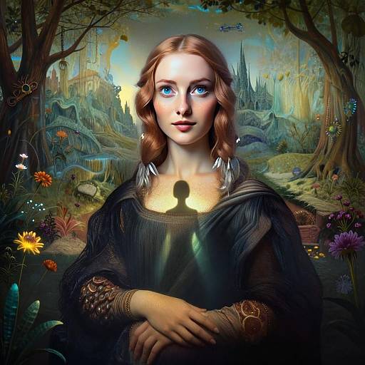 Fantasy Portrait of Woman with Blue Eyes in Enchanted Forest