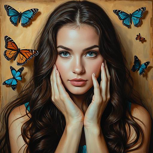 Realistic Portrait of Woman with Blue and Orange Butterflies