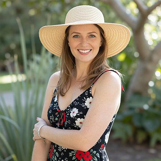 Smiling Woman in Straw Hat and Floral Dress Outdoors