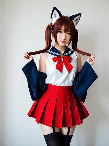 Akagi Azur Lane Cosplay Woman in Red Pleated Skirt with Fox Ears