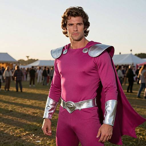Man in Purple Superhero Costume with Silver Armor at Outdoor Event