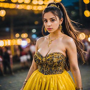 Young Woman in Ornate Yellow Gown with Gold Jewelry