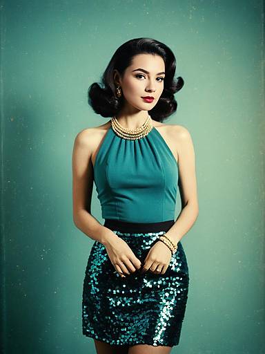 Glamorous Woman Wearing Black Halter Neck Top and Sequined Skirt