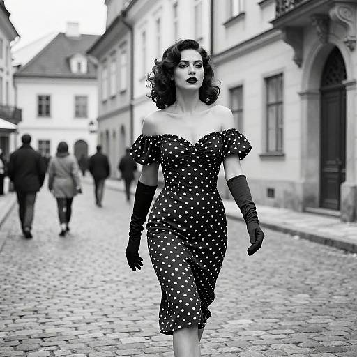 Vintage Style Woman in Polka Dot Dress Walking on Cobblestone Street