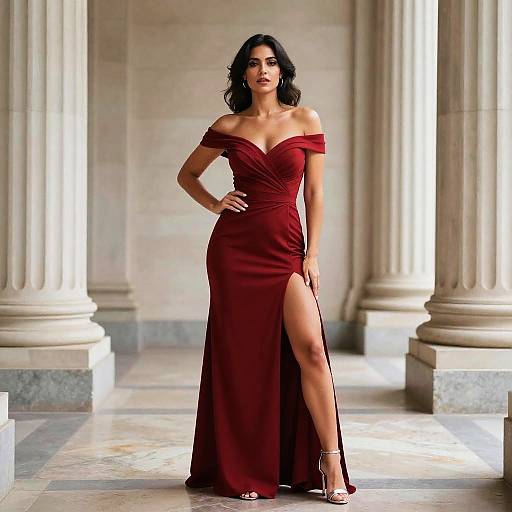 Elegant Woman in Burgundy Off-Shoulder Evening Gown with High Slit