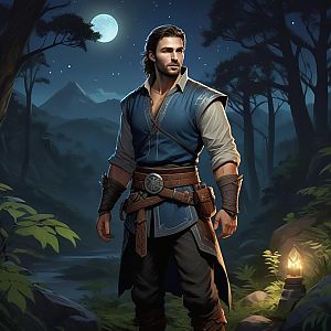 Confident Man in Mystical Forest under Full Moon