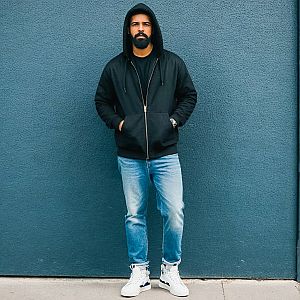 Bearded Man in Hoodie Against Blue Wall