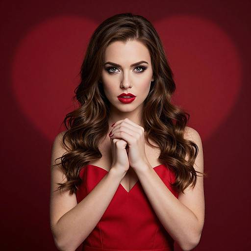 Elegant Woman in Red Dress with Bold Makeup Against Red Background