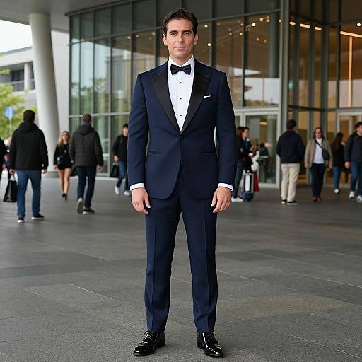 Man Wearing Navy Blue Tuxedo with Black Lapels in Urban Setting