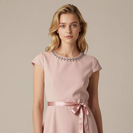 Elegant Woman in Pale Pink Dress with Jewel Neckline and Satin Belt