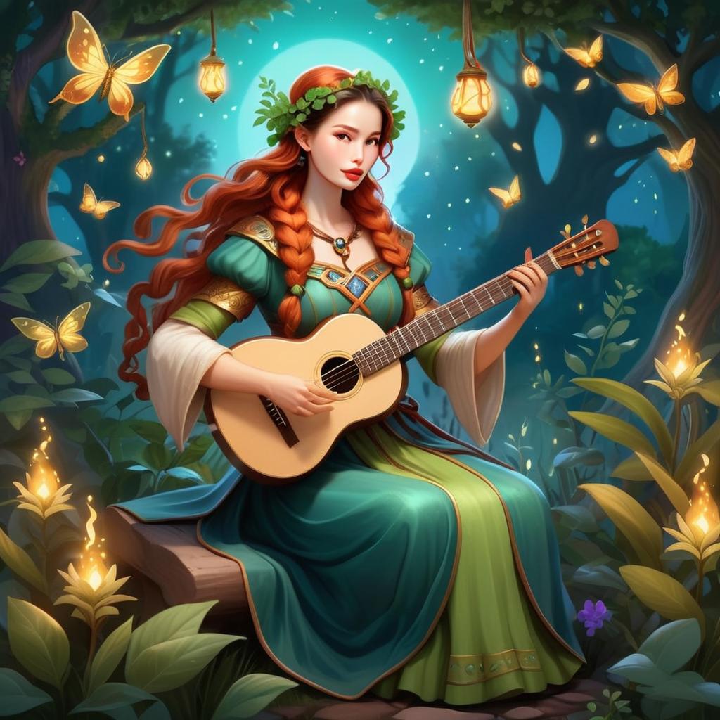 Woman in Green Gown Playing Guitar in Magical Forest