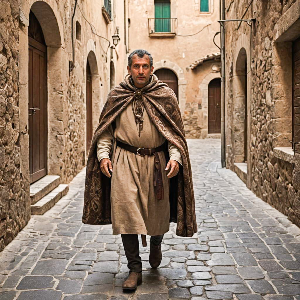 Man in Historical Cloak on Cobblestone Street