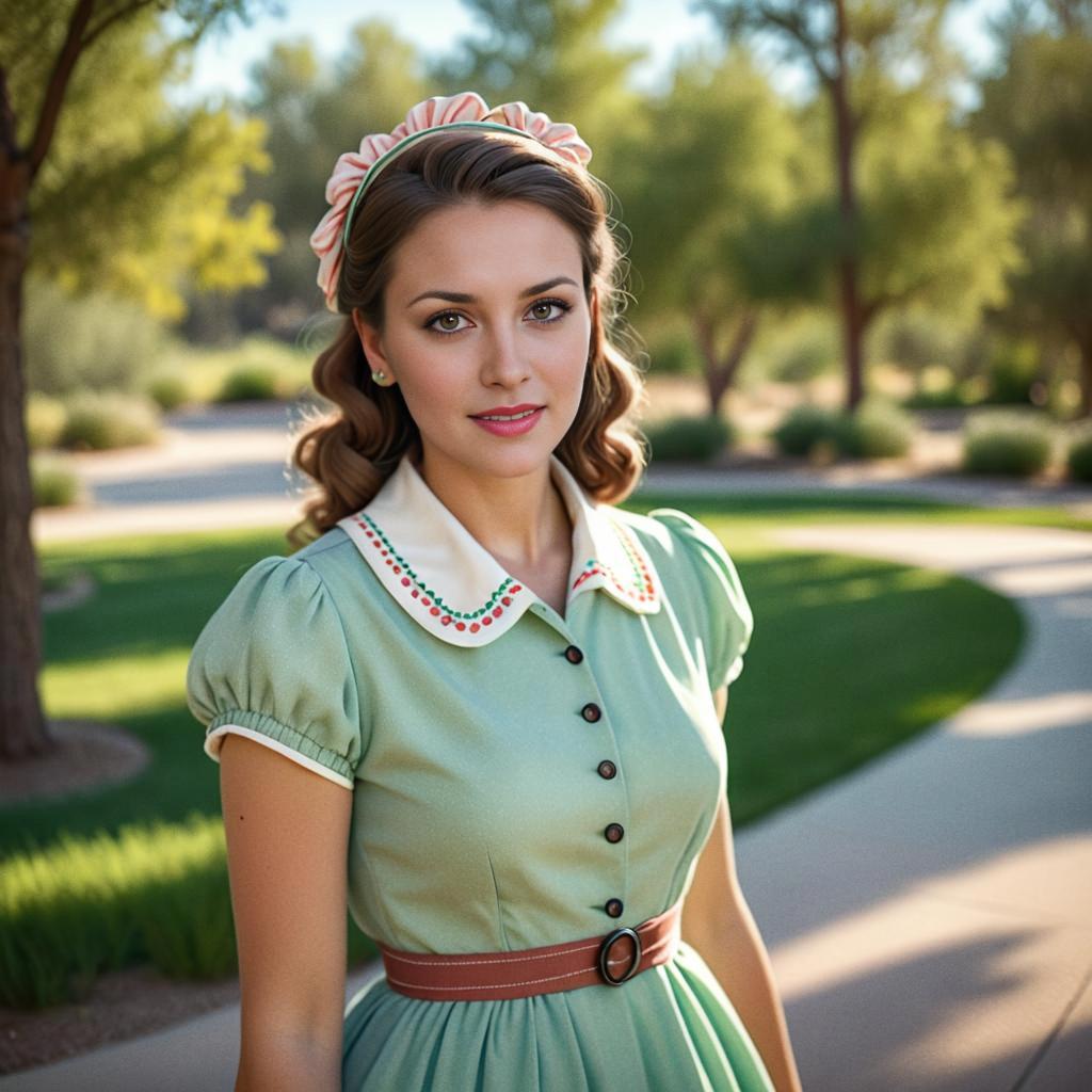 Stylish Woman in Vintage Green Dress Outdoors