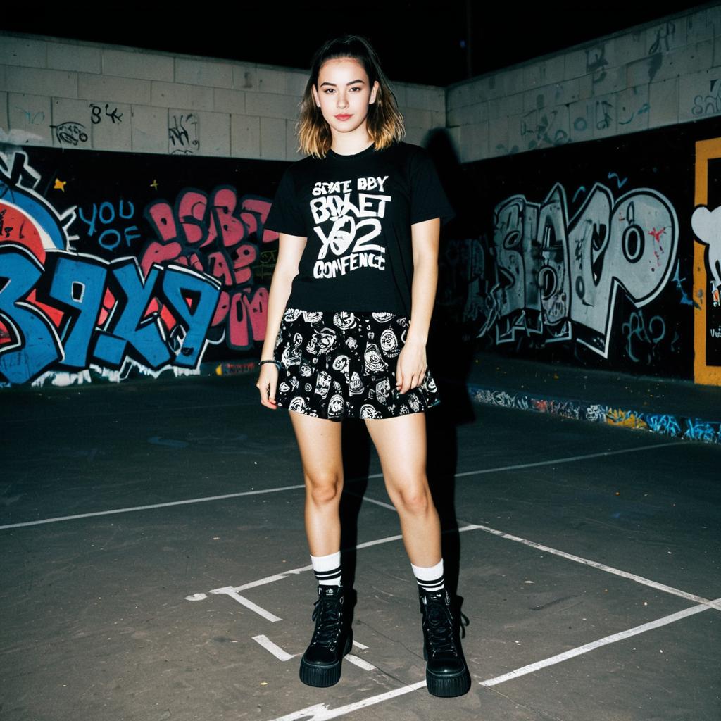 Young Woman in Urban Streetwear Fashion with Graffiti Background