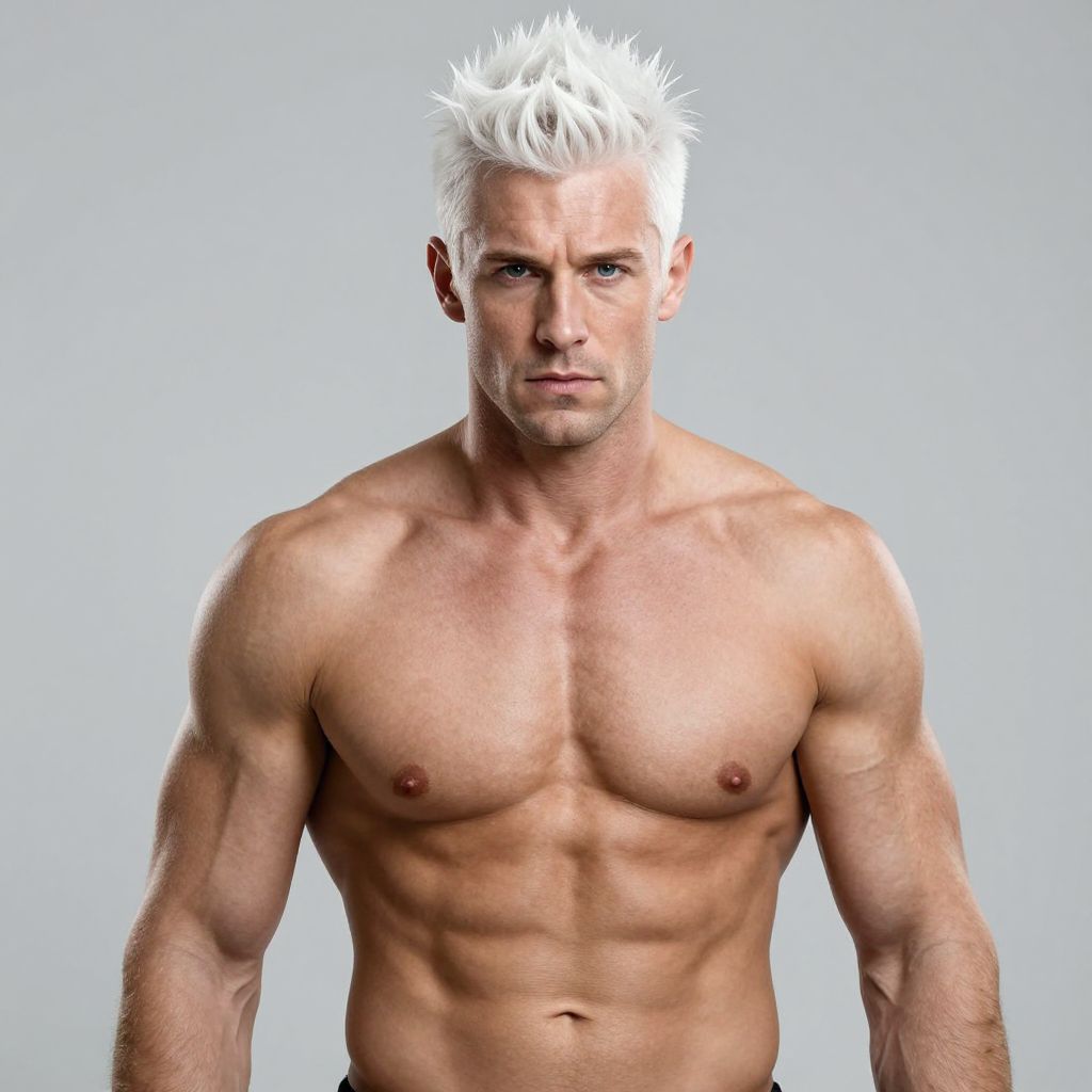 Muscular Man with Platinum Blonde Hair Posing Shirtless in Studio