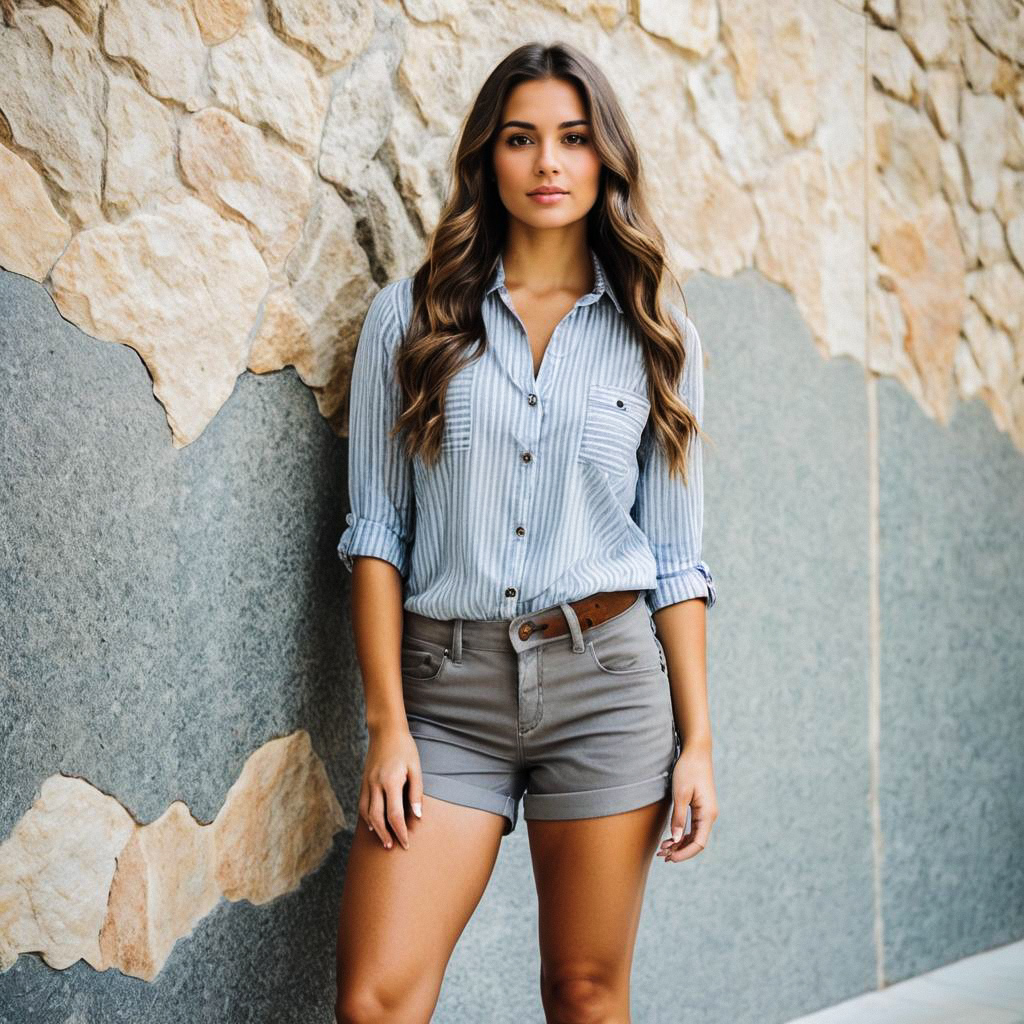Confident Woman in Casual Style Against Stone Wall Confident Woman in Casual Style Against Stone Wall