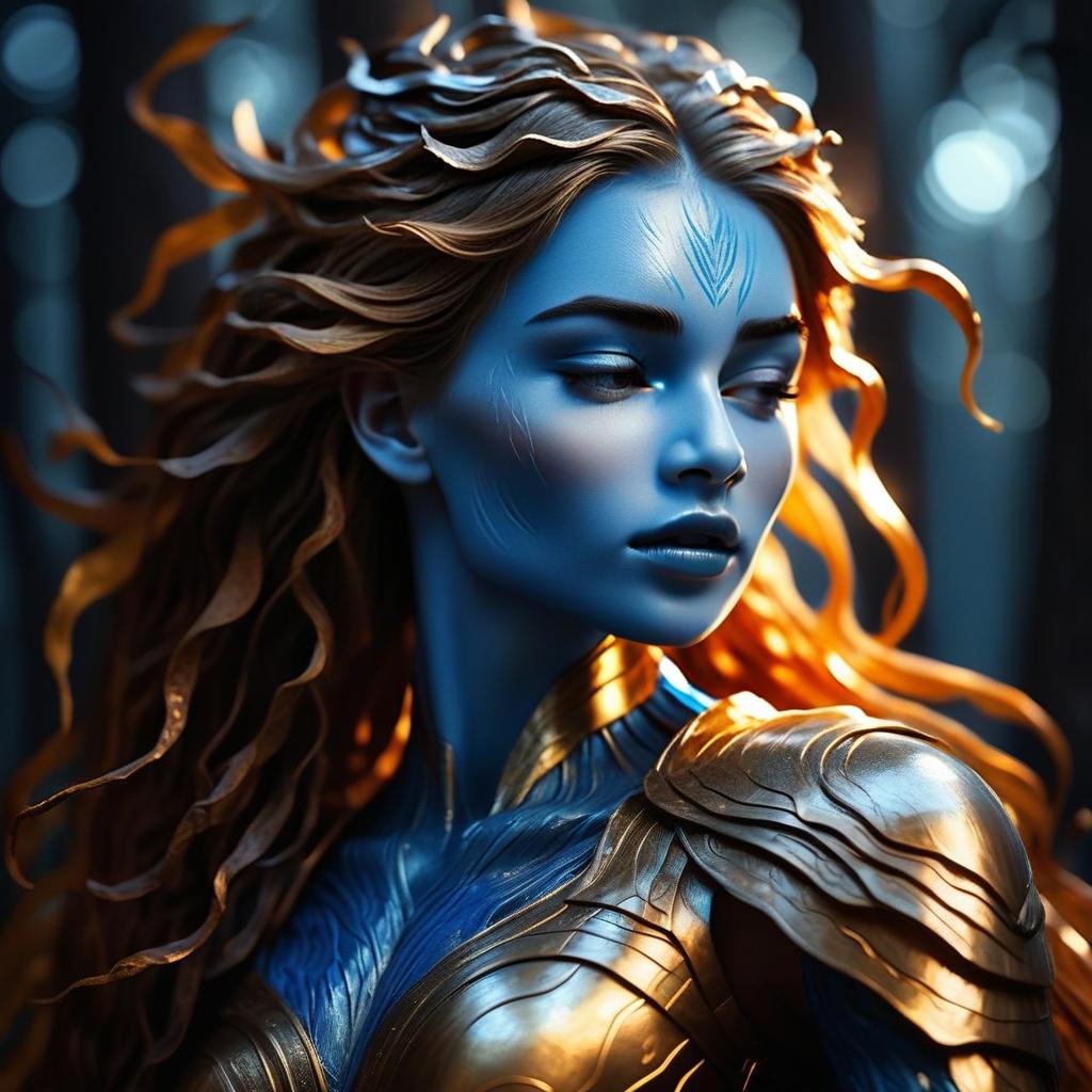 Blue-skinned woman in golden armor with fiery hair