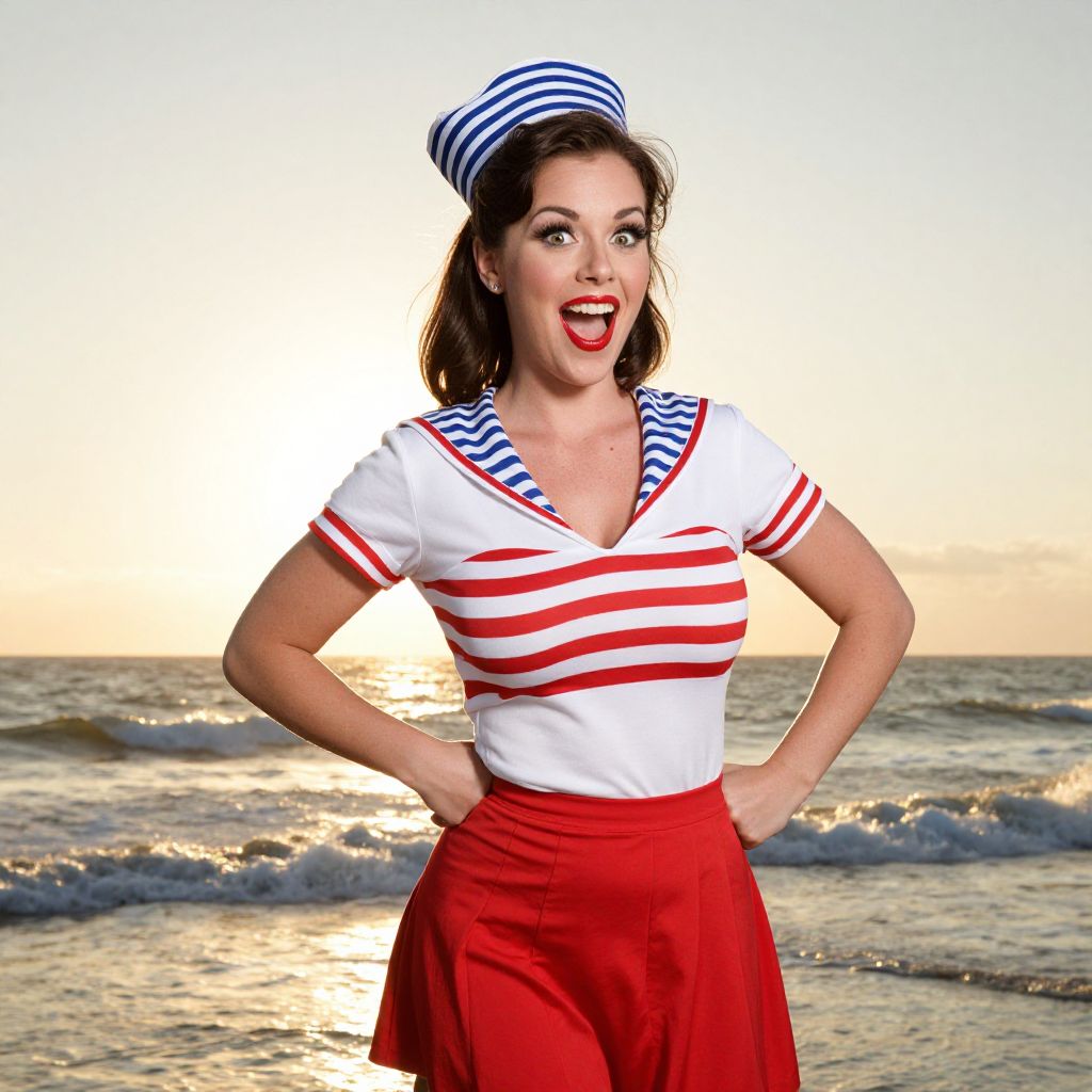 Cheerful Woman in Retro Nautical Pin-Up Outfit on Beach at Sunset