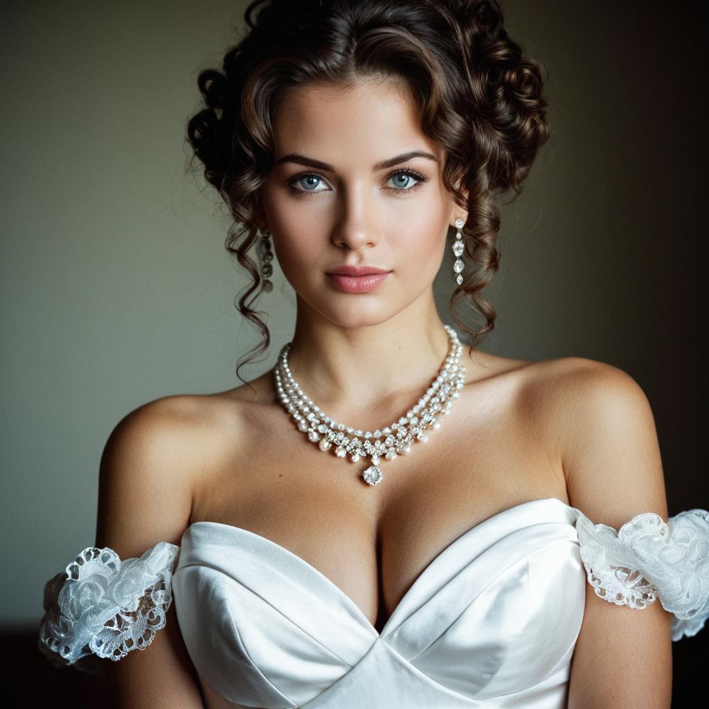 Elegant Woman in Vintage White Satin Gown with Pearl Jewelry