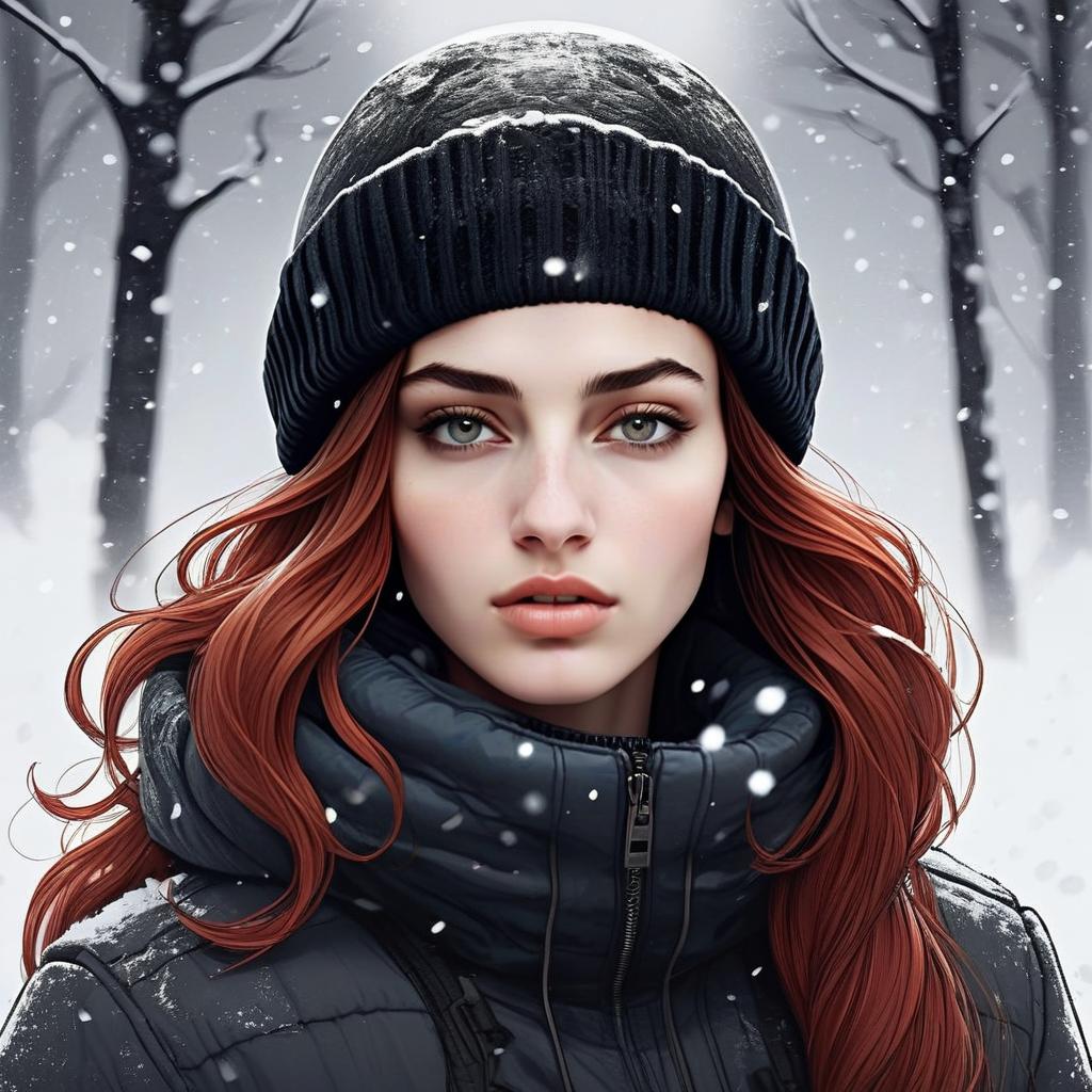 Woman with Red Hair in Snowy Forest