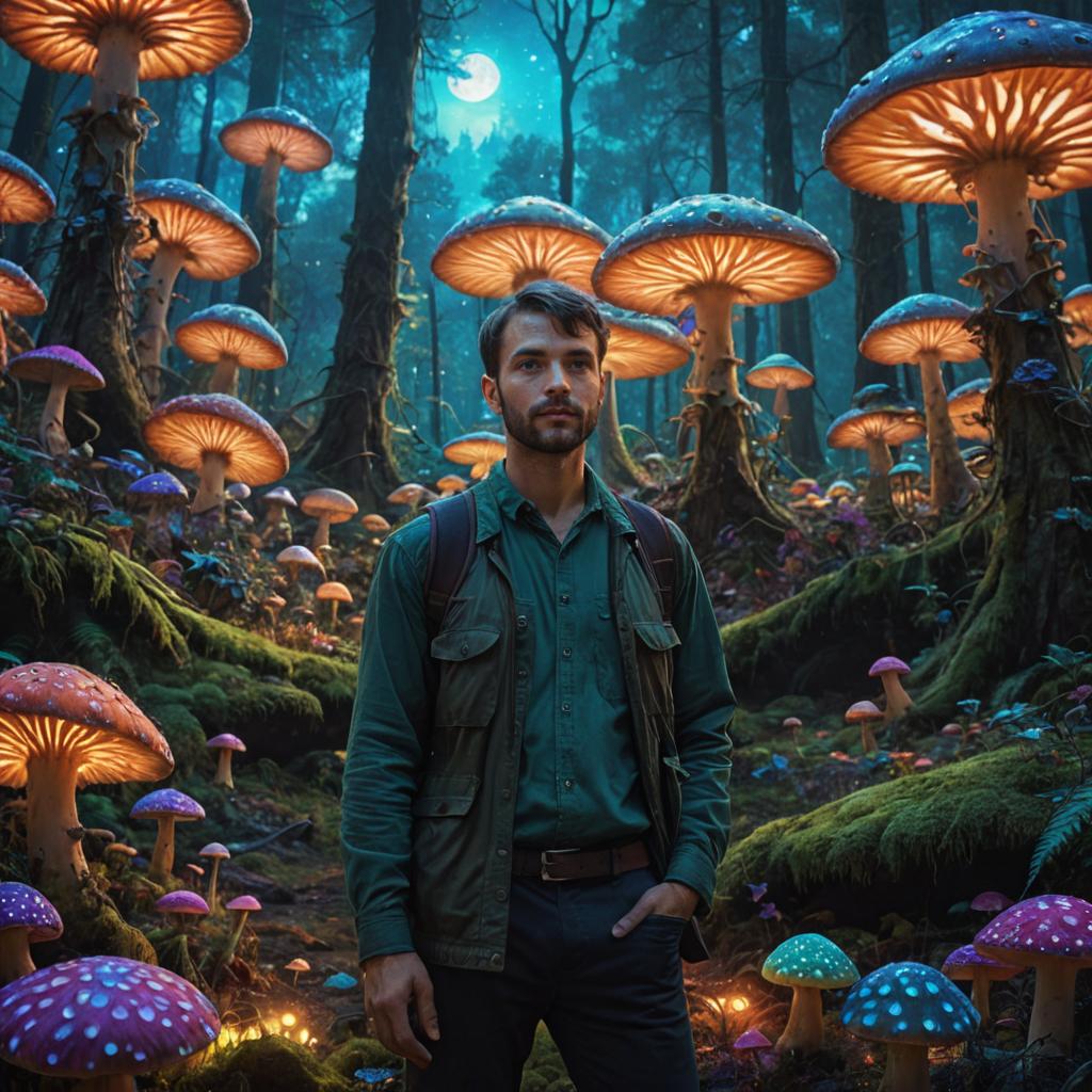 Man in Glowing Mushroom Forest