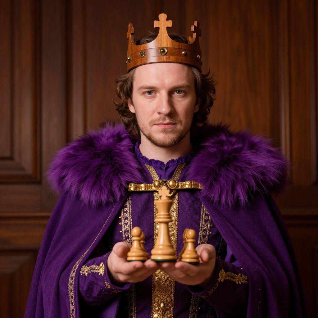 Royal Man in Purple Robe and Crown Holding Chess Pieces