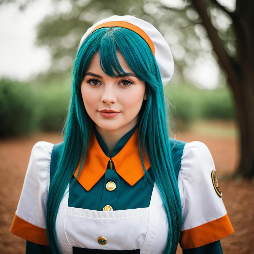 Realistic Cosplay Portrait of Woman with Teal Hair in Orange and White Uniform