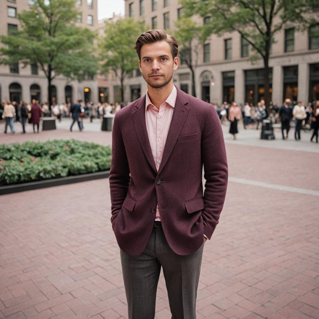 Confident man in maroon blazer in urban square