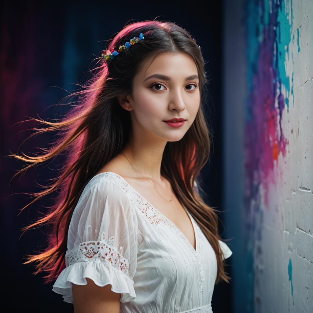 Elegant Woman in White Dress with Colorful Background