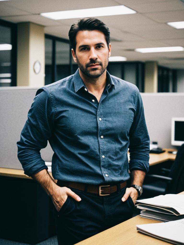 Man in Casual Office Outfit Cinematic Realism Editorial Business Photo