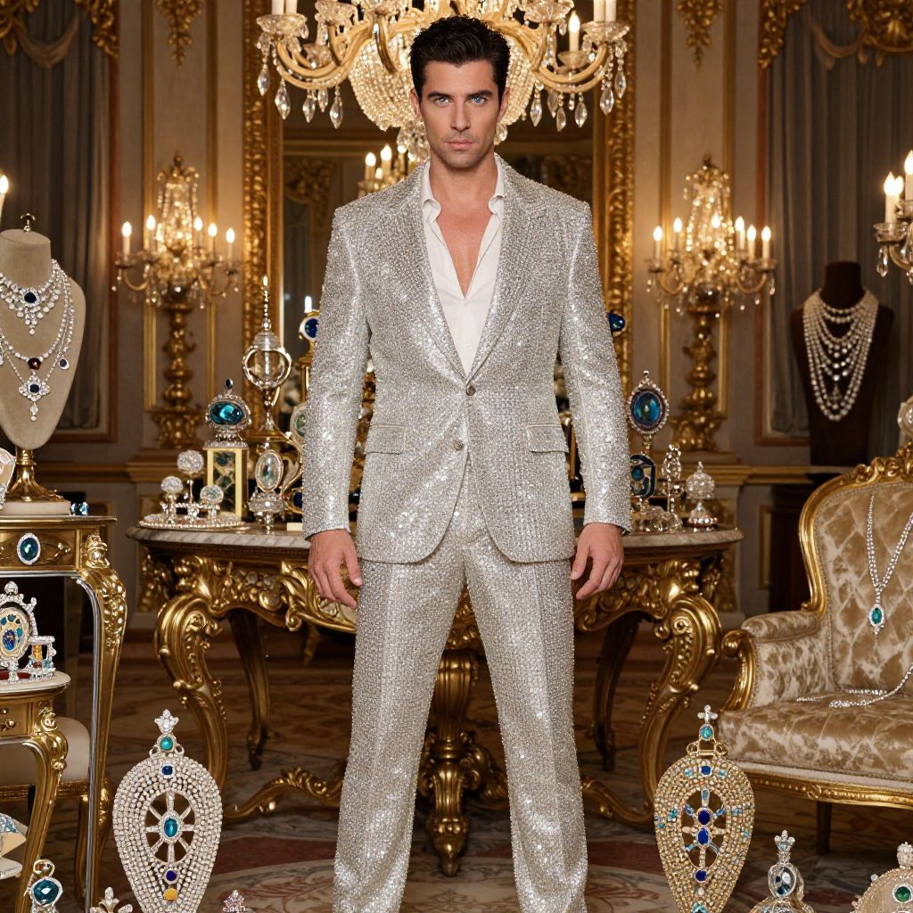 Man Wearing Silver Sequin Suit in Luxury Jewelry Room