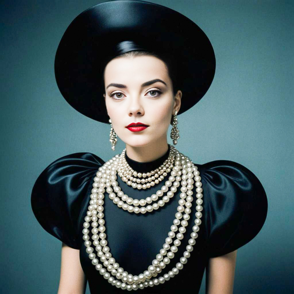 Elegant Woman in Black Gown with Pearl Jewelry