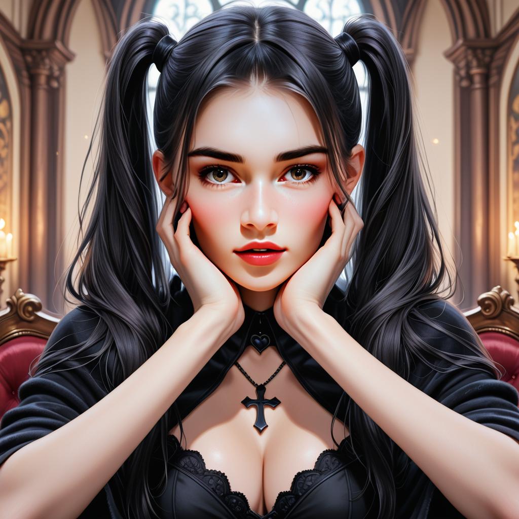 Anime Gothic Woman with Twin-Tails in Cathedral