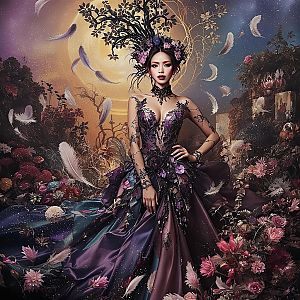 Woman in Dark Purple Gown in Mystical Garden at Twilight