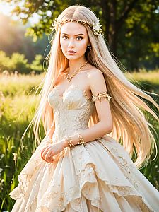 Young Woman in Vintage Cream Gown in Sunlit Meadow