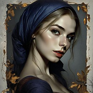 Hyper-Realistic Digital Portrait of Woman with Blue Headscarf and Gold Leaf Frame